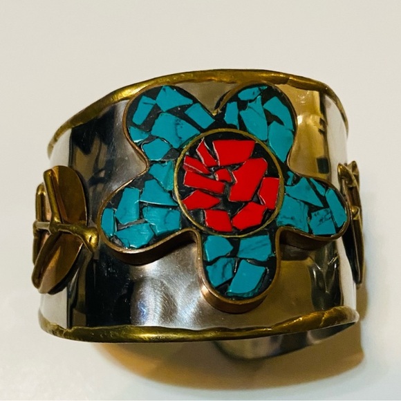 Turquoise and Red Floral Cuff Bracelet - Picture 3 of 9